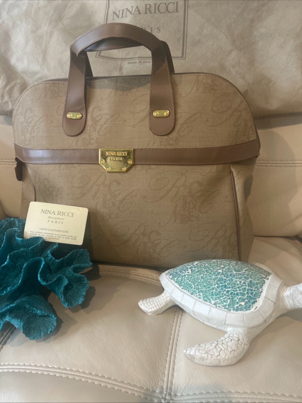 Nina Ricci Beige Canvas Coated Vintage Satchel with Brown Leather Trim/Gold - Picture 2 of 12